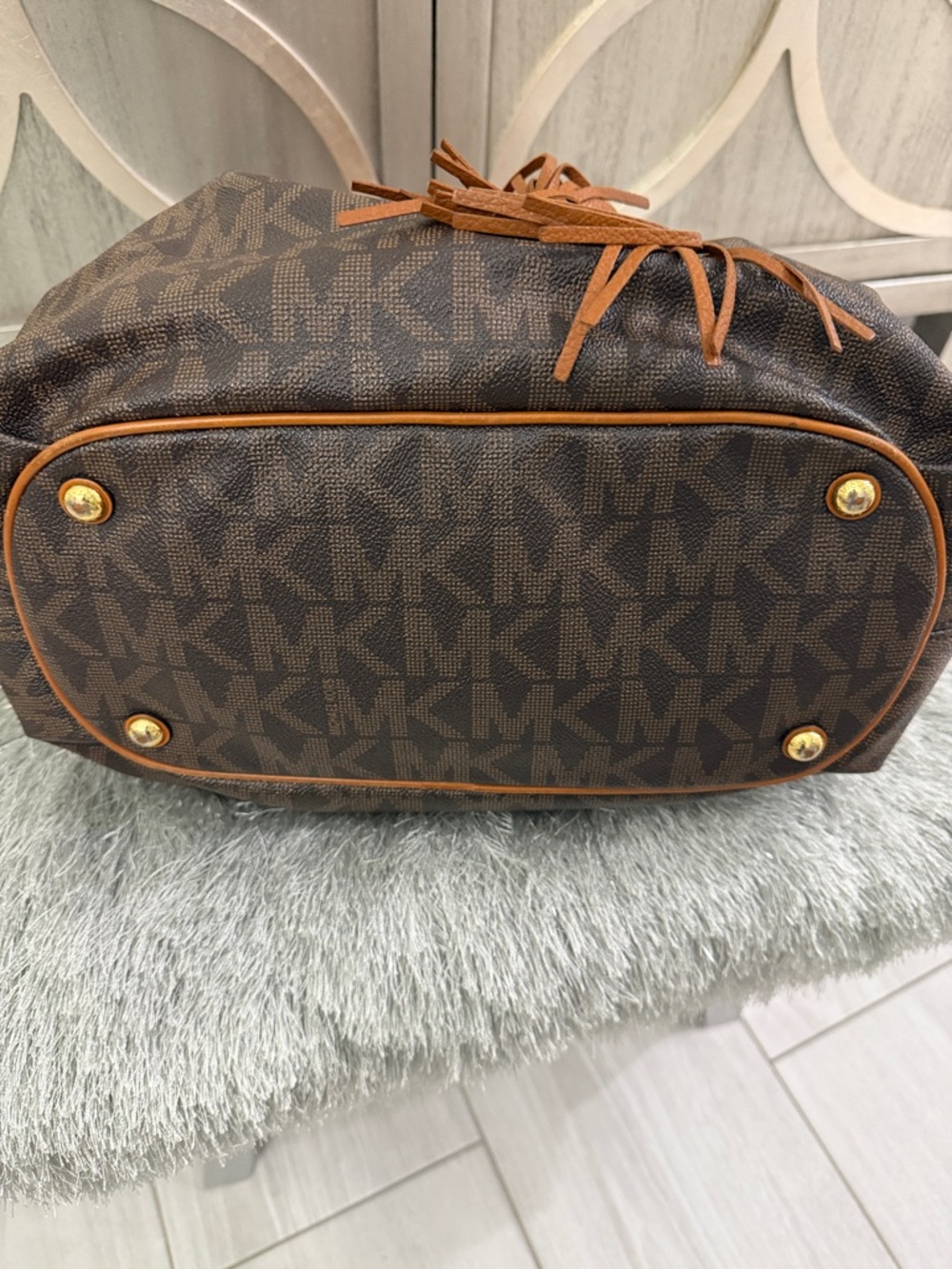 Michael Kors Brown & Tan Logo Drawstring Hobo with Tassels - Picture 6 of 6